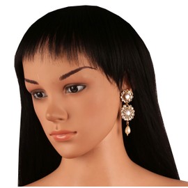 NEW! Touchstone "Contemporary Kundan Collection" Indian Bollywood Mughal Inspired Traditional Kundan Polki Look Faux Pearls Hangings Designer Jewelry Chandelier Earrings Gold Tone For Women.