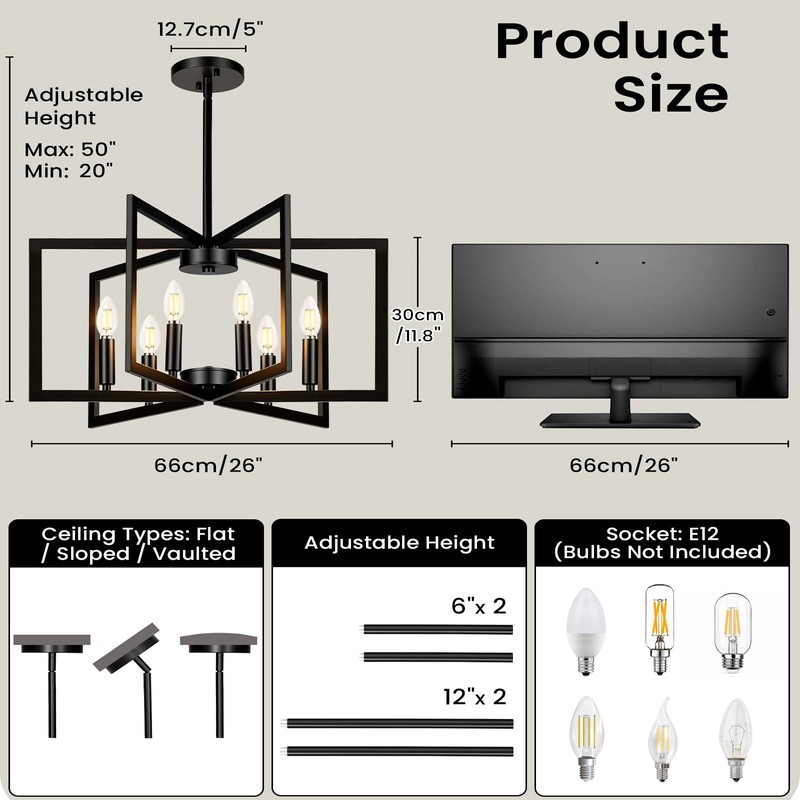 GOEBLESON 26" Black Chandelier for Dining Room, 6-Light Dining Room