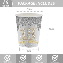 POPOYU 16Pcs 18th Birthday Silver Paper Cups,18th Silver Grey Girls Birthday Party Paper Cups,Happy 18th·Birthday Tableware Decorations for Her,Him,Girls,Boys,18th·Birthday Gifts Party Supplies