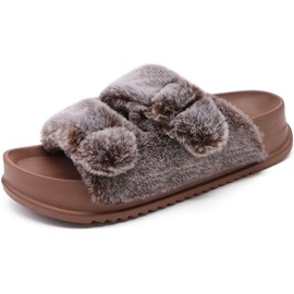 KuaiLu Women's Fluff Slippers Plantar Fasciitis Arch Support Platform Slippers Ladies Fashion Open Toe Faux Fur Sliders House Slipper, Brown Size 9