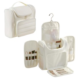 Veki Travel Toiletry Bag, Wide-Open Makeup Bags for Women, Large Capacity Hanging Toiletry Bag, Portable Travel Essentials, Organizer for Full-Size Cosmetics and Toiletries, Waterproof (White)