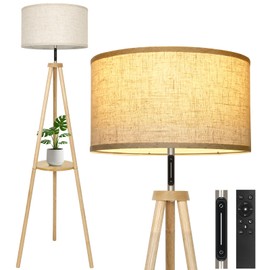 OUTON Wood Tripod Floor Lamp with Shelves, Mid Century LED Modern Dimmable Floor Lamp with Remote Control, Sturdy Tall Standing Lamp with Beige Lamp Shade for Living Room, Bedroom, Office