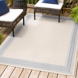 JONATHAN Y SMB207A-3 Lucia Classic Diamond Border Indoor Outdoor Area Rug, Farmhouse, Traditional, Solid Easy Cleaning,Bedroom,Kitchen,Backyard,Patio,Non Shedding, Cream/Blue, 3 X 5