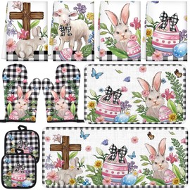 snaxuda 10 Pcs Kitchen Decor Set Bunny Kitchen Towels and Rugs Oven Mitts Pot Holders Absorbent Towels for Baking Cooking BBQ Gifts Home Decor Easter