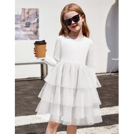 Arshiner Girls Dresses Long Sleeve Toddler Girls Tutu Formal White Wedding Tulle Dress for Little Kids 5 Years