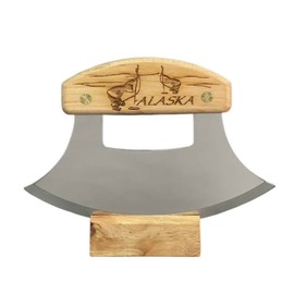 The Ulu Factory Alaska USA Birch Ulu Knife 6" Stainless Steel Blade with Block Wood Stand Heritage Harpooning