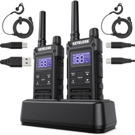 KETELESE T3G Heavy Duty Walkie Talkies for Adults, IP67 Waterproof Long Range 2 Way Radio, with Earpiece， Type-C Cable, Charge Dock, VOX, NOAA, PTT, Group, 2 Pack, Black/Grey