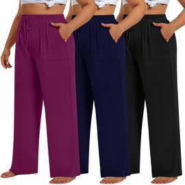 Evervibe 3 Pack Plus Size Pants for Women Wide Leg Casual Pant Drawstring Stretchy Waist Trousers with Pockets(Fuchsia, Navy Blue, Black,4XL)