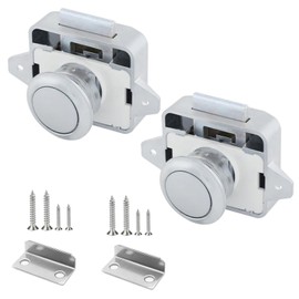 Vueinrg Pack of 2 Push Button Lock Cabinet Lock Catch 14-16 mm Push Lock Motorhome Metal Furniture Lock Locking Drawers Pressure Lock for Camping Yachts RV Caravan Boat (Silver)
