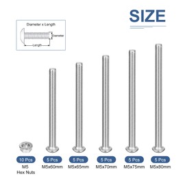 DTGN 35Pack M5(D) Button Head Socket Cap Screws Nuts Kit - 60/65/70/75/80mm(L) Hex Socket Cap Bolt Nut Assortment - 304 Stainless Steel Full Thread - Good for Machine