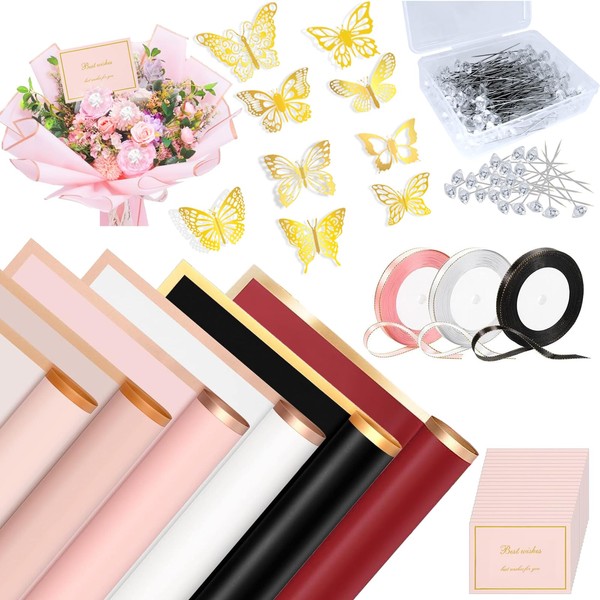Flower Wrapping Paper 60 Sheets, Waterproof Bouquet Wrapping Paper Florist Supplies with 36 PCS 3D Butterfly Decorations 100 Pearl Pins 72 Yards Ribbon,20 Cards for Wedding DIY Craft Mother's Day Birthday