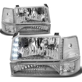 Auto Dynasty LED DRL Headlights Assembly Compatible with 1992-1996 Ford Bronco F150 F250 F350, 6Pcs Halogen Headlamp Replacement w/LED Running Light, Bumper & Corner Lamp, Chrome Housing Clear Corner