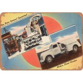 7 x 10 METAL SIGN - Massachusetts Postcard - New snow removal equipment. Modern street flusher - Vintage Rusty Look