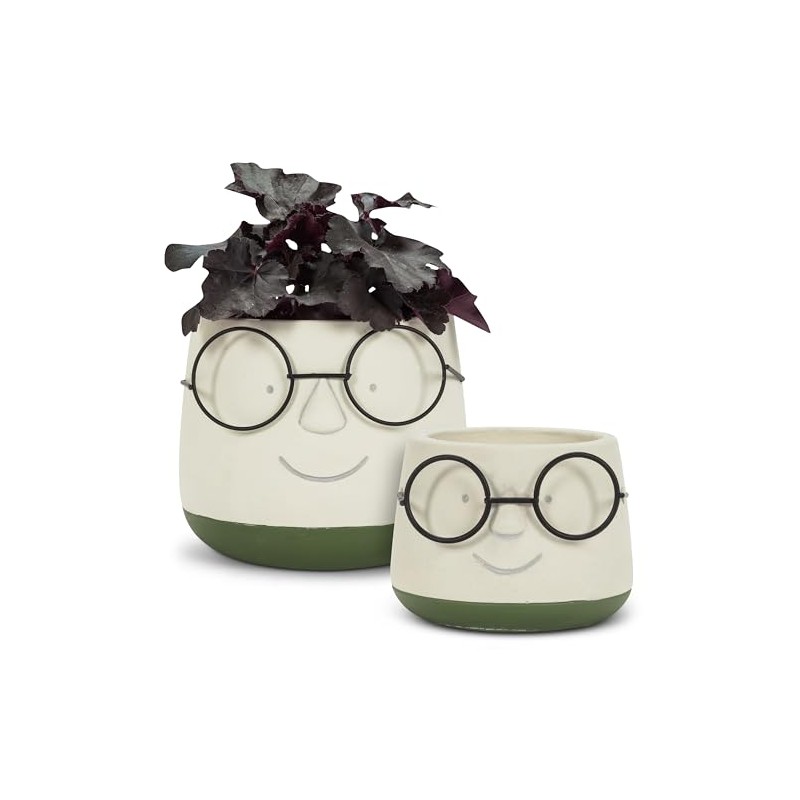 Abbott Collection Mini Face Planter with Glasses - Cement/Metal, Ivory/Green