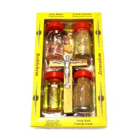LION OF JUDAH MARKET 5 in 1 Set Holy Water/Earth/Incense/Oil & Genuine Olive Wood Cross from The Holy Land