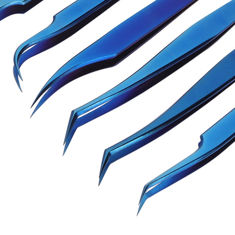 8pcs Eyelash Tweezers Stainless Steel Fine Tip Ergonomic Blue Titanium