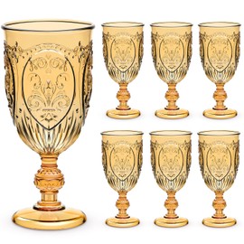 Wiwiqing 6 Pcs Plastic Goblets 7.5oz Vintage Goblet Plastic Wine Glasses Colored Retro Embossed Water Goblets for Wine Bar Juice Baby Shower Wedding Reception Grand Event Party (Amber)