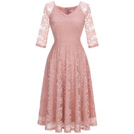Dressystar Long-Sleeve A-Line Lace Bridesmaid Dress Midi for Wedding Formal Party 00058 M Blush