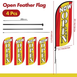 Newwiee 4 Sets Open Feather Flag Pole Kit, 7.2 Ft Tall Now Open Flag Advertising Flag Banner with Fiberglass Pole Kit for Business Grand Opening Theme Outside Ground (Red)