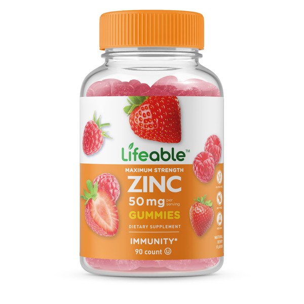 Lifeable Zinc 50mg Gummies - Great Tasting Natural Flavor Gummy Supplement - Gluten Free, Vegetarian, GMO-Free, Chewable Vitamins - for Healthy Immune Support - for Adults, Man, Women - 90 Gummies