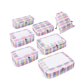 ECOHUB 7-Piece Suitcase Organiser Set, Ultralight Packing Cubes for Backpack, PET Recycled Packing Cube Suitcase with Double Zip, Packing Bags for Suitcase, Travel Organiser Set (Pink-Green)