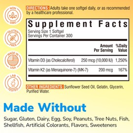 Vitalibre Vitamin D3 K2 Supplement, 10000 IU D3 / 200 mcg K2 MK7, Calcium Absorption, Bone, Heart, Immune & Muscle Support, Enhanced Absorption, No Soy, Easy to Swallow, 300 Softgels