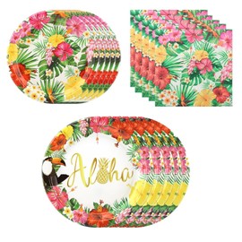 Tropical Luau Party Supplies Kit for 24 Guests, 72Pcs 9Inch & 7Inch Disposable Paper Plates and Napkins, Hawaiian Decorations for Hibiscus Luau Birthday, BBQs & Summer Party