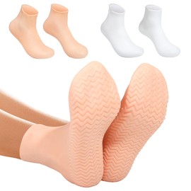 Silicone Socks for Dry Cracked Feet 2 Pairs,XL Long Size Moisturizing Socks,Non-Slip Moisturizing Heel Socks for Dry Cracked Feet Women,High Stretch Foot Care Pedicure Socks for Men-White&Beige
