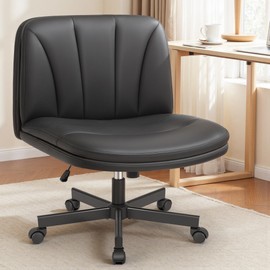 FelixKing Criss Cross Chair with Wheels, Cross Legged Office Chair, Armless Wide Vanity Desk Chair with Comfty PU Leather & Back - Swivel Height Ajustable for Home Office Bedroom, Black