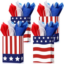 Tisancy 30 Pcs Patriotic Gift Bags with Handle with 30 Pcs Red White Blue Tissue Paper 4th of July Gift Bags American Flag USA Gift Bags for Veterans Day Memorial Day Independence Day (Classic Style)