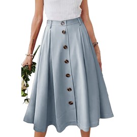 HERBATOMIA Pleated High Elastic Waist Midi Skirt A-line Flared Button Front Long Casual Blue Skirts with Pocket for Women
