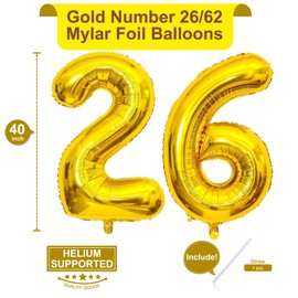 40 Inch Gold 26 Number Balloons Giant Jumbo Huge 26 or 62 Foil Mylar Helium Number Digital Balloons Gold Birthday Mylar Digital Balloons 26th or 62th Birthday Anniversary Events Party Decorations