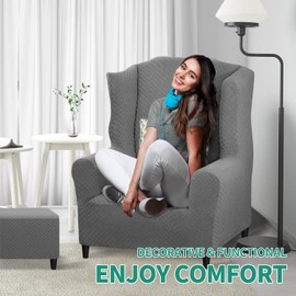 YEMYHOM 1 Piece Stretch Wingback Chair Slipcover Latest Jacquard Design Wing Chair Cover Non Slip Furniture Protector with Foam Rods for Living Room (Wing Chair, Light Gray)