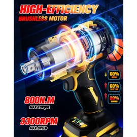 Urjoai Cordless Impact Wrench - 590Ft-lbs (800N.m) Brushless 1/2 inch, 3300RPM High Torque Impact Gun, 2x 4.0Ah Battery, Charger & 7 Sockets, Electric Impact Wrench for Car Home