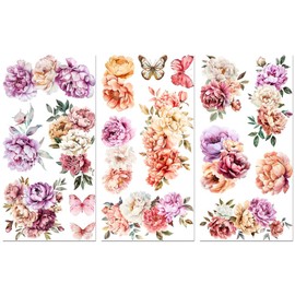 Peacoblue Rub on Floral Transfer Decals for Furniture Crafts 6"x12", 3Pcs French Peonies Waterproof UV Transfer Decals Sticker for Dresser, Glass, Porcelain, Wood