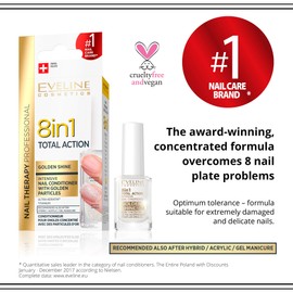 Eveline Cosmetics 8in1 Total Action Concentrated Nail Serum Conditioner + Strengthener + Hardener with Golden Particles | 12 ml | Repair Treatment | Easy Application | Shimmery Effect