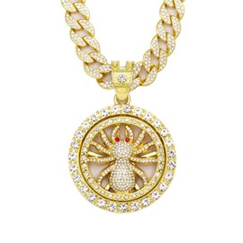 Leashelllinco Hip Hop Fake Gold Diamond Cuban Link Chain with Round Spinner Rotatable Spider Pendant Necklace Shiny Rhinestone Pendant Jewelry (Spider Gold)