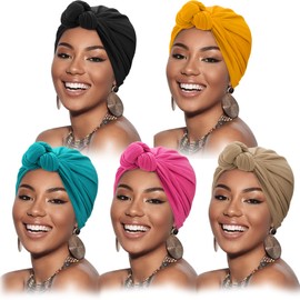 DRESHOW 5 Pack Knotted Headwraps for Women African Turban Pre-Knotted Beanie Headwraps Hair Covers