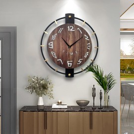 Wooden Farmhouse Wall Clock with Metal Circle, Silent Non Ticking Battery Operated Rustic Round Modern Big Wood Wall Clock for Living Room,Kitchen,Offic Decor (Brown & Black B, 21.7x23.6 INCH)