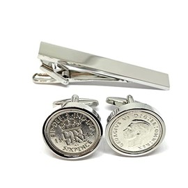 Premium 1943 Lucky sixpence cufflinks for a 82nd Birthday cufflinks HT SLV Tie Clip Set