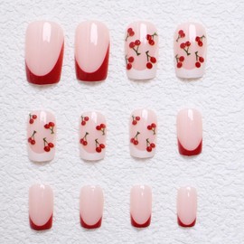 24Pcs French Tip Press on Nails Medium Square Fake Nails Cute Cherry False Nails Red White Nail Tip Acrylic Nails Fruit Glue on Nails Full Cover Stick on Nails Spring Summer Artificial Nails for Women