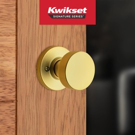 Kwikset Pismo Dummy Door Knob, Single Sided Handle for Closets, French Double Doors, and Pantry, Satin Brass, Round, Non-Turning Interior Push/Pull Door Knob, Microban Protection