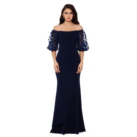 Xscape Women's Illusion Sleeve Off The Shoulder Long Dress (Reg and Petite), Navy, 10