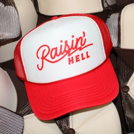 Raisin' Hell Trucker Hat | Vintage Cowboy Cowgirl Western Country Trendy | Premium Mesh Foam Snapback Hat for Men & Women (US, Alpha, One Size, Red/White)