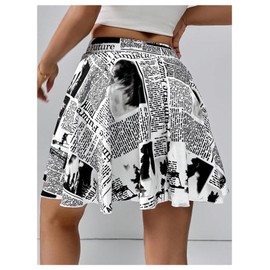 WDIRARA Women's Newspaper Graphic Print Skorts High Waist Flowy Athletic Skirts with Shorts Underneath Black and White X-Large