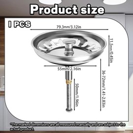 YEWCEP Sink Plug, Height-Adjustable Drain Strainer, Plug for Sink, Stainless Steel Sink Plug, Kitchen Drain Strainer, Universal Strainer Basket, Drain Plug (Silver, 79 mm Wide)