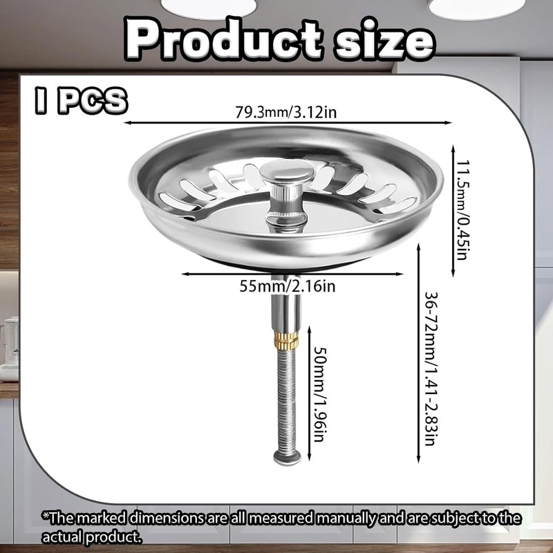 YEWCEP Sink Plug, Height-Adjustable Drain Strainer, Plug for Sink, Stainless