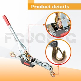 FGJQEFG 2 Ton Heavy Duty 3 Hook Steel Cable Dual Gear Power Puller Come Along Chain Winch Ratchet Tool with 3 ''Inch x 8' Foot Winch Strap, Tow Strap (30,000 BLS Capacity)