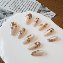 Fall Press on Nails Medium Almond Fake Nails with Brown Maple Leaves Design Glossy White Glue on Nail Cat Eye Nails Press ons Reusable Holiday Autumn False Nail for Women Manicure 30Pcs