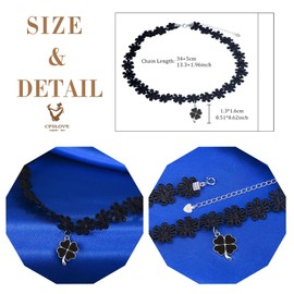 CPSLOVE Women's Black Flower Choker Necklace 925 Silver Chains with Four Leaf Clover Pendant for Girls Elegant Choker, Sterling Silver
